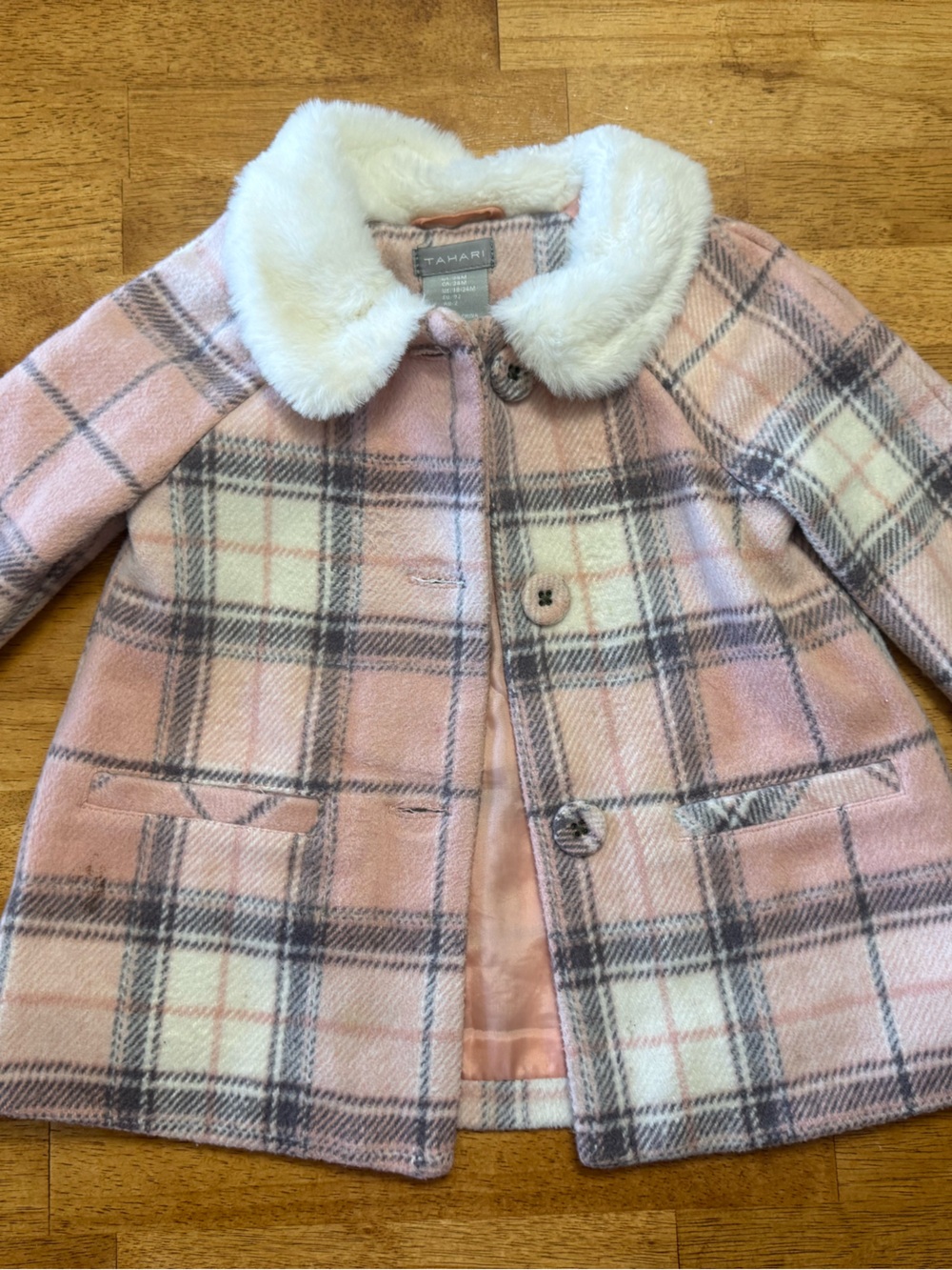 Tahari Girls Pink Plaid Pea Coat with White Faux-Fur Collar